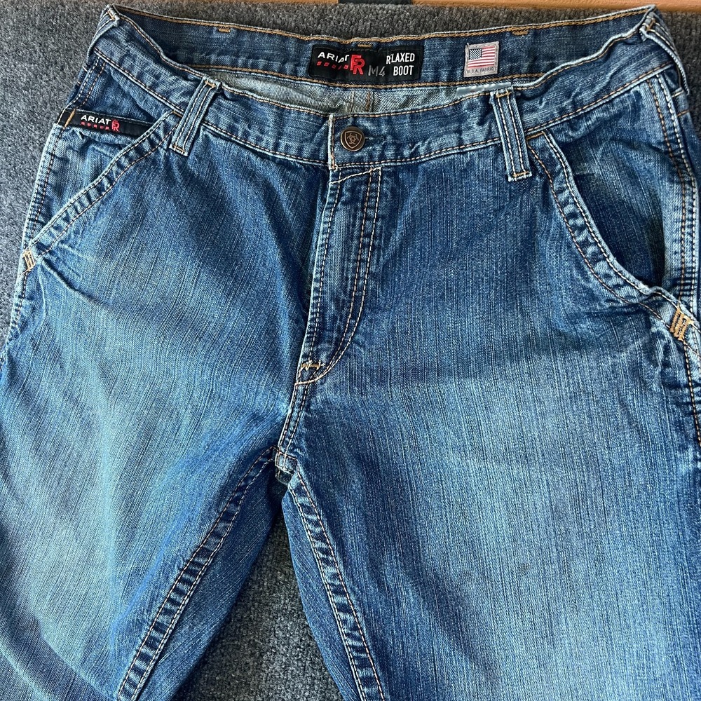 Ariat FR M4 Boot Cut Jeans Mens 37x32 Blue Denim Cotton Stretch‎ Relaxed Fit